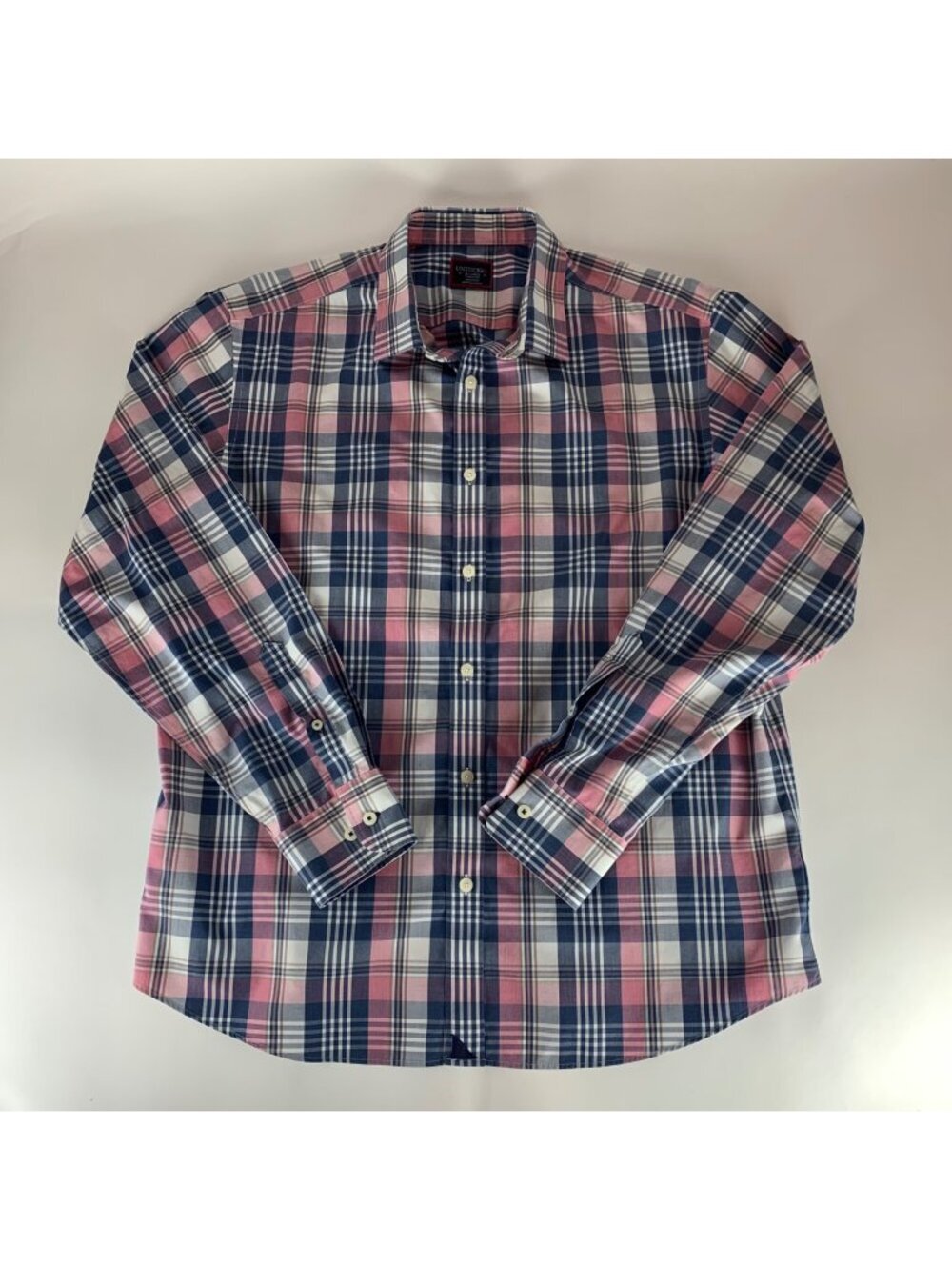 UntuckIt Yarden WF Navy Blue Pink White Plaid Long Sleeve Button Shirt Mens XL